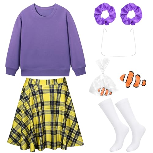 JcHrmers Shaking Fish Bag Costume Purple Sweatshirt Yellow Plaid Skirt Knee High Socks Hair Ties Goldfish Fake Braces
