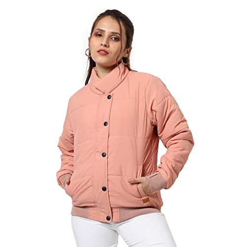 Campus Sutra Chaqueta bomber acolchada rosa melocotón para mujer, ajuste regular, cuello alto, manga completa, abotonada, chaqueta casual para mujer y niña, chaqueta elegante occidental para mujer