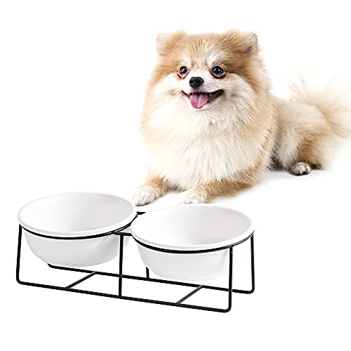 Comedero Gato - Comedero Perro Elevado con Soporte - Comederos y Bebederos para Perros Pequeños y Gatos - Doble Cuenco Gato Ceramica para Agua y Comida - 450ml × 2 Cover
