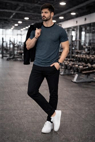 Image of Men's Solid Gym T-Shirt | Slim Fit Gym & Training Tee | Breathable Stretch Fabric | Round Neck Sports Wear for Workout