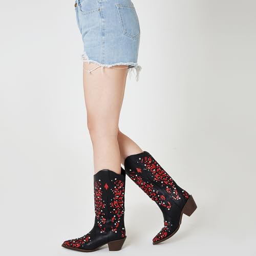 Tscoyuki Women's Rhinestones Western Knee High Boots, Embroidery Pointed Toe Chunky Block Heel Cowboy Cowgirl Mid Calf Boots with Pull On Taps4