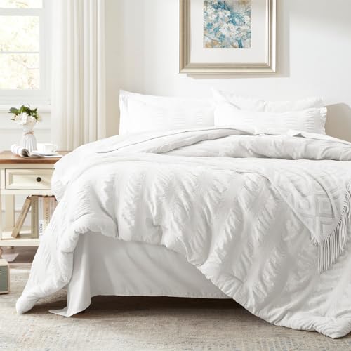 Image of Zzlpp Full Comforter Set 7 Pieces, White Seersucker Bed in a Bag with Comforter and 2 Sheets, All Season Bedding Sets with 1 Comforter, 2 Pillow Shams, 2 Pillowcases