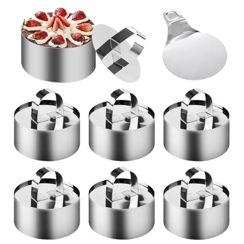 ZMDMAH 6 anillos de postre de acero inoxidable de 8 cm, anillos para servir para tartas, pequeños anillos con 6 tapas y 1 elevador para la fabricación de tartas de mousse, galletas y pudding