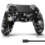 ISHAKO Controller for PS4, Wireless Controller with Double Shock/6-Axis Motion Sensor/Speaker & 3.5mm Audio Jack/Touch Pad/800mAh Battery/USB Cable, Ergonomic Grip – Black Skull Design