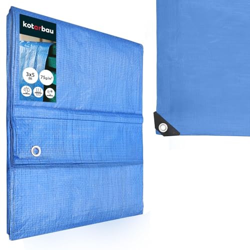 KOTARBAU® Bâche de Protection Extérieur - Polyéthylène - 3 x 5 m - Bleu - 75 g/m² - Bâche avec œillets - Anti UV - Toile de Protection - Couverture Impermeable Exterieu