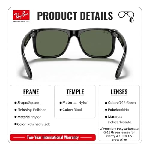 Image of Ray-Ban RB4165F JUSTIN CLASSIC LOW BRIDGE FIT Square Shape Sunglasses for Men with Official RayBan Eyewear Kit