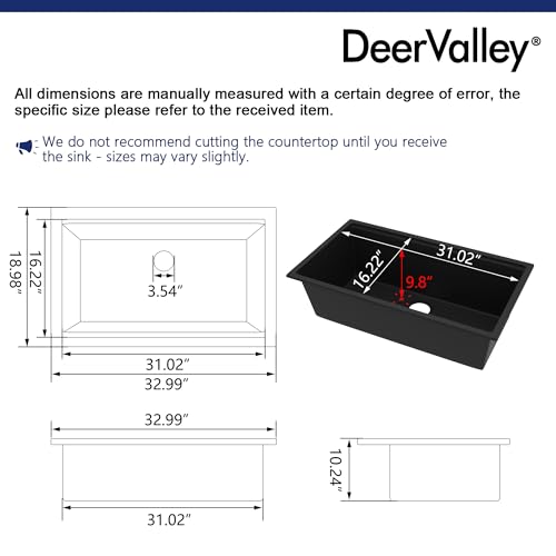 Image of DeerValley Black Undermount Kitchen Sink 33 Inch, Granite Composite Single Bowl Kitchen Sink with Integrated Ledge, Matte Black Quartz Workstation Sink for Kitchen with Accessories