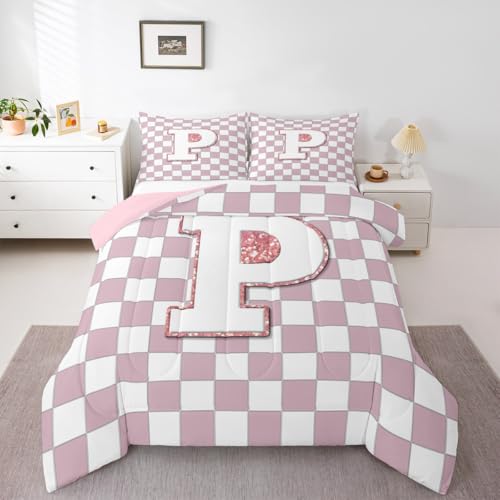 Image of Erosebridal Pink Initial P Comforter Set Full Kawaii Plaid Checkered Bedding Set Cute Personalized Monogram Comforter for Kids Girls Teen Women,Fashion Grids Gingham Quilt Duvet