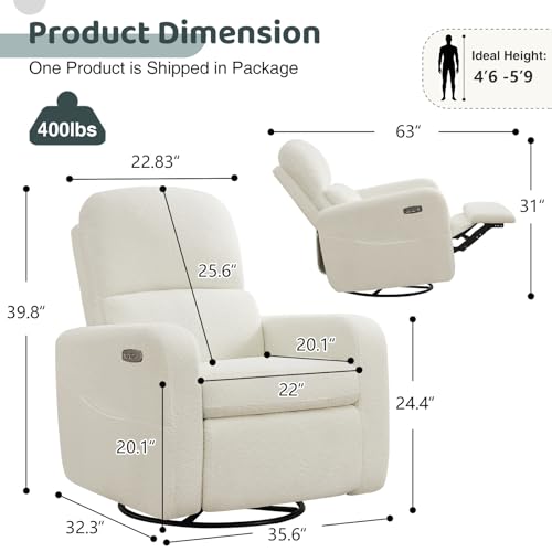Image of Power Swivel Rocker Recliner, Oversized Boucle Nursery Glider Recliner, Teddy Swivel Rocking Reclining Chair with Removable Cushion and Lumbar Support for Nursery Living Room Bedroom, White
