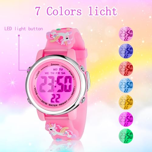 NEWITIN 4 Pieces Girls Watch Bracelets Set Multifunctional 7 Color Lights Digital Sport Alarm Stopwatch 3D Waterproof Unicorn Watch Jewelry Set for Girls 3-10 Years Old Kids2