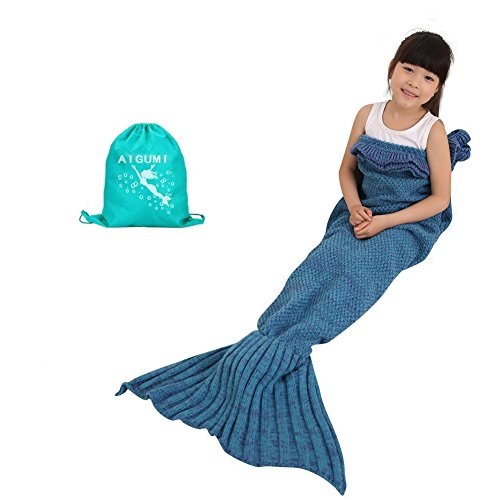 Manta de la cola de la sirena, manta de la manta de dormir de la sirena de All Seasons, AIGUMI manta del ganchillo Handcraft Sofa caliente de la sala de estar para (Lago azul)