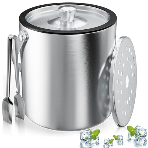 Secchiello Ghiaccio, secchiello per Ghiaccio Rotondo con Setaccioes e Pinze per ghiaccio, Contenitore per Cubetti da 2 Litri, Secchiello per Ghiaccio in Acciaio Inox