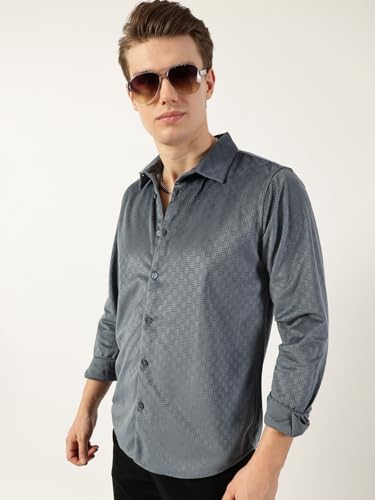 Image of Thomas Scott Men's | Solid | Textured Fabric | Full Sleeve | Slim Fit | Polyester-Blend | Spread Collar | Casual Shirt