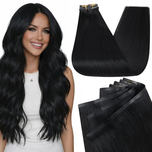 Image of Full Shine Thick Seamless Clip in Hair Extensions, 140g 18 Inch Jet Black | 8 Pcs,Remy Human Hair,Invisible PU Weft,Balanced Everyday Volume for Fine to Medium Hair,Full Head Coverage