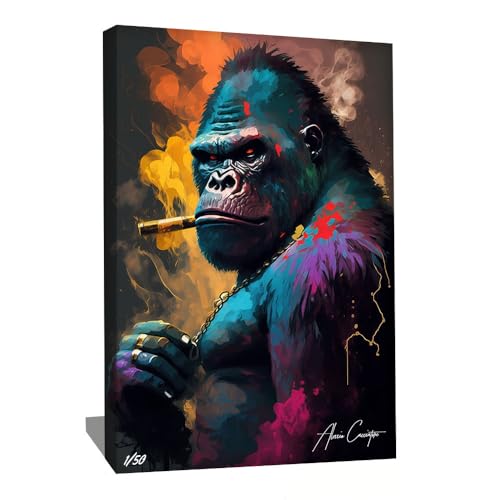 Tableau Gorille Cigare Avec Cadre - Decoration Murale Street Art - Deco Murale Singe - Toile...