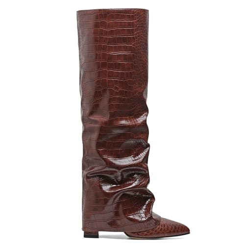 Image of SaraIris Women's Slouchy Knee High Boots - Black, Pointed Toe, Fold Over, Chunky, Shark Boots