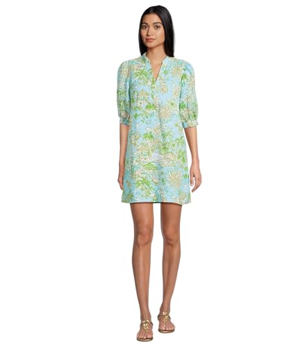 Lilly Pulitzer, Womens, Mialeigh Elbow Sleeve Linen, Fresh Water Blue Sunbathers Bliss, 12