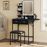 ALEXNUTRE Makeup Vanity Desk with Mirror and Lights, Small Vanity with Fabric Storage Drawer & Chair & Shelves, Vanity with Fold-up Panel and Power Outlet for Bedroom
