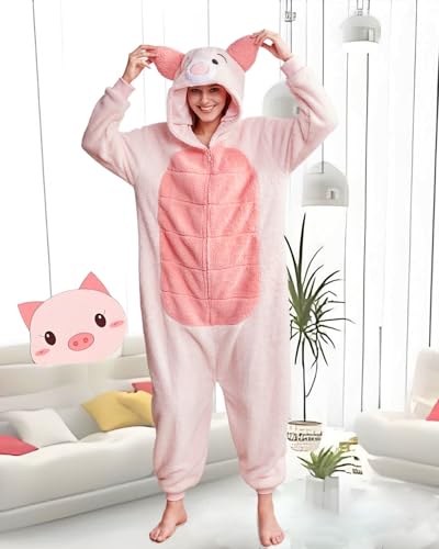 Laahoem Tier Schwein Pyjamas Unisex Erwachsene Kapuze Männer Frauen Overall Kostüm Cosplay Nachtwäsche Pink L