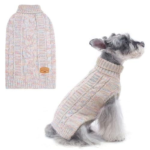 Image of BEAUTYZOO Dog Sweaters for Large Dogs, Knit Clothes with Harness Hole | Turtleneck Pullover Fall Winter Knitwear, Fuzzy Fleece Cold Weather Coat for Girl Boy Puppy, Warm Pet Sweatshirt, Beige L