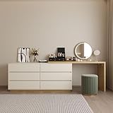 Cyclauricate Modern Expandable L-Shaped Corner Vanity Desk with 6 Drawers,Adjustable Computer Table for Home Office, Study, Writing, Gaming, and Bedroom Makeup,Off-White and Natural Wood