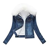 Denim Jacket for Women Lined Faux Fleece, Short Winter Jeans Coat with Detachable Faux-fur Collar (US Size-XS, Deep Blue-White)