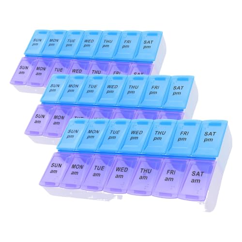 Image of 7 Day Weekly AM PM Pill Organizer, ShysTech Large Pill Case Pill Box for Pills Vitamin Supplements Medication (Purple /Blue) (Pack of 3)