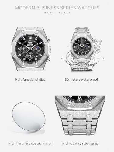 Image of OPK Men Analog Automatic Watches Waterproof Multifunction Chronograph Diamond Moon Phase Luminous Stainless Steel Band Wrist Watches