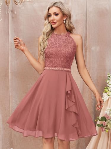 Image of Miusol Women's Halter Neck Lace Ruffle Vintage Cocktail Party A-Line Bridesmaid Dress