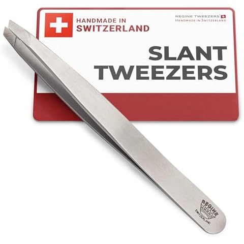 Regine Switzerland Professional Tweezers Slant Tip - Etched Tip Brow and Eyebrow Tool for Men and Women - Precision Tweezers for Fine Hair, Chin, Lash Extensions - Stainless Steel Handmade Beauty Tool Cover
