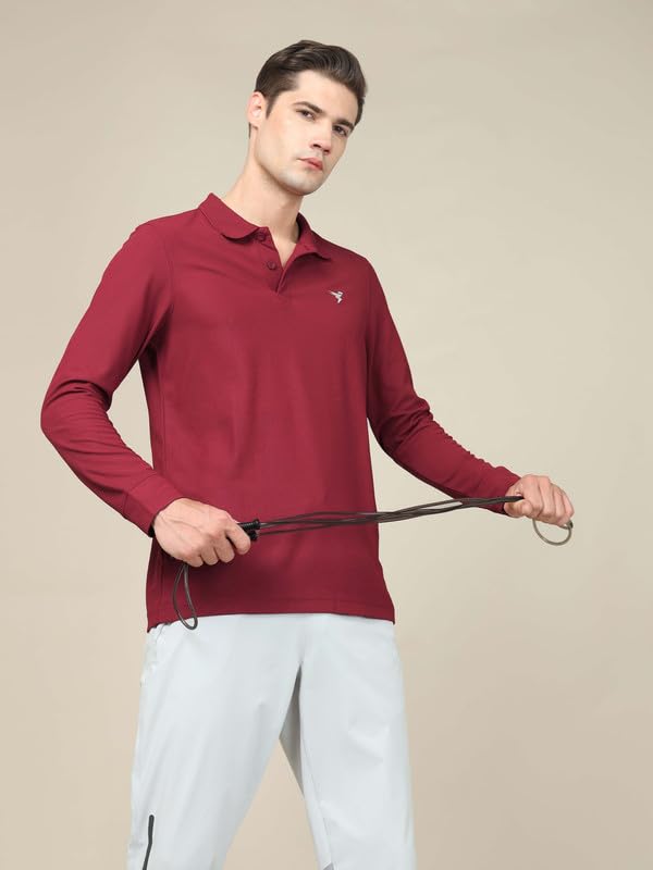 Image of TECHNOSPORT Mens Slim Fit Polyester Active Wear Collar Polo T-Shirt with Long Sleeves for Workout, Sports