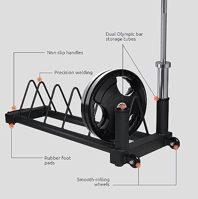 RitFit Horizontal/Vertical Weight Plates Rack, Weight Storage Rack with Barbell Bumper Weight Plates Holder for 2-Inch Weight Plates, Olympic Bar Storage Rack with Handle and Rolling Wheels