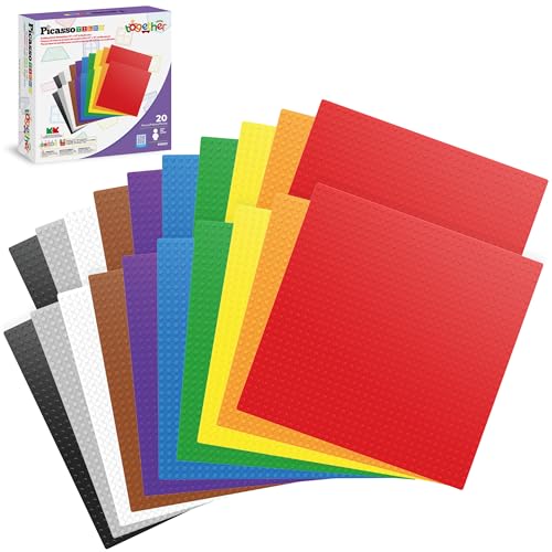PicassoTiles Brick Baseplate Classic Building Block Foundation Kit 20 Pack 10"x10" Platform Multi Color Bricks Stud Blocks Compatible with All Major Brands STEM Construction Set Kids Ages 3+ PBS02