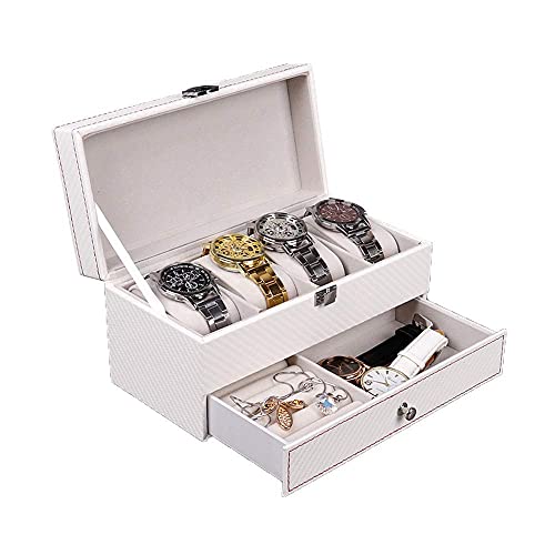 KSTUFF Caricatore automatico per orologi, scatola portaoggetti da uomo, scatola portagioie in fibra di carbonio a doppio strato, con serratura, scatola portaoggetti bianca per 4 orologi vision