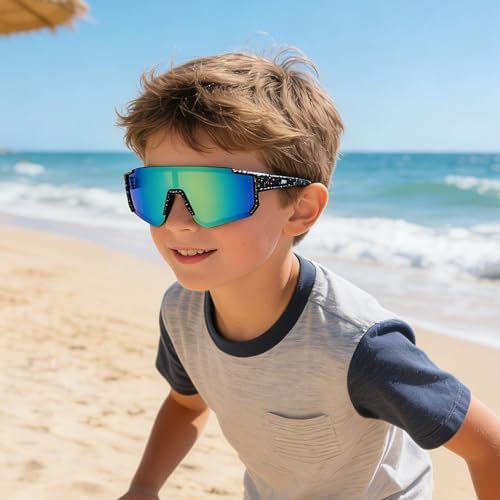 Youth Baseball Sunglasses for Boys Girls Age 6-12 Softball Cycling Sports Sunglasses for Kids Lightweight Frame, Black Frame - Green