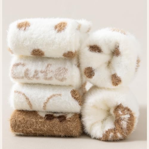 Warm Fluffy Socks, Soft Winter Slipper Socks with Cute Bear Patterns Sleeping Plush Crew Socks Cozy Casual Socks for Women, 5 Pairs, Size 5-93