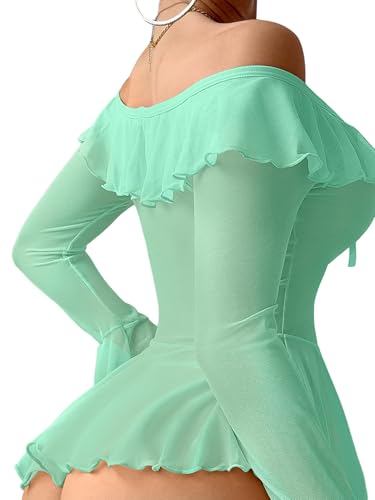 Image of Foxiny Sheer Ruffle Long Sleeve Babydoll Lingerie Dress | Off-shoulder neckline, flared cuffs and a flounce hem add movement; thong and thigh-high stockings complete the 3-piece set