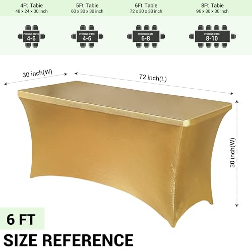 Image of Obstal 6ft Stretch Spandex Table Cover for Standard Folding Tables - Universal Rectangular Fitted Tablecloth Protector for Wedding, Banquet and Party, 72L x 30W x 30H Inches, Stamping Gold, 2pc