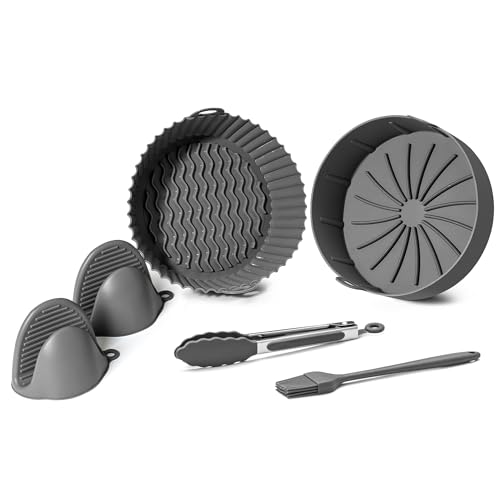 EM Silicone Air Fryer Liners - Pack of 5 Reusable Air Fryer Silicone Liners Including Non- Stick Silicone Mitts, Silicone Basting Pastry Brush, Silicone Kitchen Tongs & 2 Pot Liner–3 to 5 qt