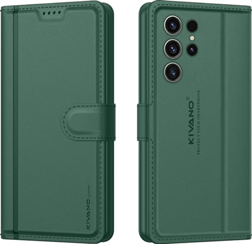 Image of KIVANO LUXE Compatible for Samsung Galaxy S23 Ultra 5G Luxury Handmade Leather Magnetic Flip Folio Case | Card Holder & Kickstand | Slim Protective Cover | Unisex - Green
