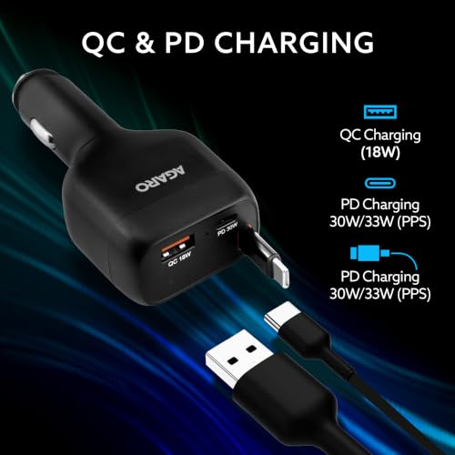 Image of AGARO Turbo 84W 3 in1 Car Charger with 86 cm Retractable Cable (30W Type-C PD) & Dual Port (18W USB-A & 30W Type-C) for Android, iPhone, iPad, Earbuds, Tablet, Power Bank & USB-powered devices (Black)