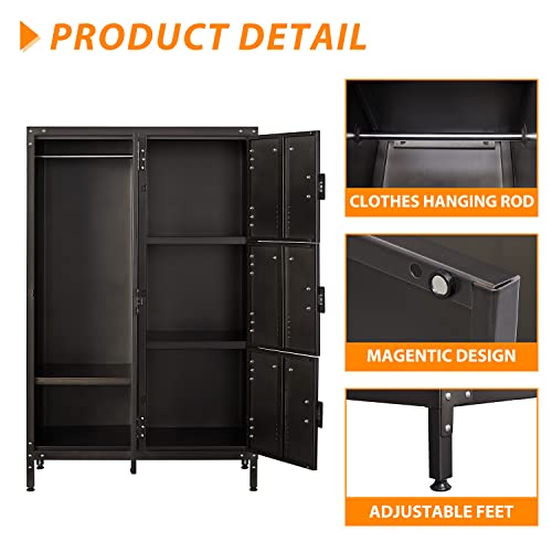 Image of Metal Locker Storage Cabinet, 55 inch Employees Locker with 4 Doors, Steel Retro Wardrobe with Adjustable Feet for Home, Office, Gym, School
