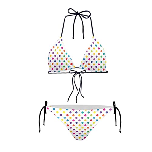 Biyejit Conjunto de bikini de dos piezas para mujer, traje de baño sexy con halter, triángulo, trajes de baño, Lunares coloridos, XS