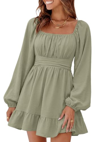 Image of Dokotoo Womens Dress Lantern Sleeve Elastic Waist Tie Backless Mini Dress | Square Neck,Off Shoulder,Flowy,Ruffle A-Line,Casual,Mini Dress,Beach Vacation Clothes,Fall Outifits,Wedding Guest,Boho