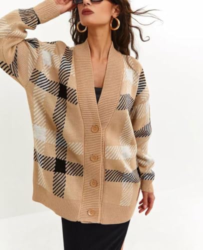 chouyatou Women's Casual Plaid Checkered Button Down Cardigans Color Block Knit Cardigan Sweater Outerwear Jacket4