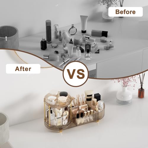 Image of Makeup Organizer Countertop with 360 Rotating Perfume Trays, 7-Divider Vanity Skincare Organizers, Make Up Desk Organization and Storage with Cosmetic Brush Holder for Bedroom Bathroom Counter