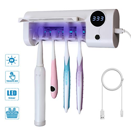 SHUKAN UV Toothbrush Sanitizer, Bathroom Toothbrush Holder Wall Mounted with Sterilizer Function, 1500mAh Charging, Timing Function, Toothbrush Organizer for Ladies Baby FamilyWhite