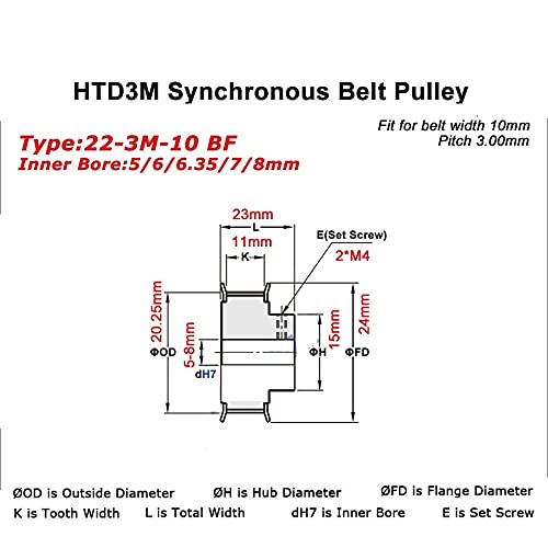 Timing Pulley 22 Teeth HTD 3_M Synchronous Pulley, Bore 5/6/6.35/8mm, for Width 9/10/15mm 3_M Timing Belt, HTD3M Pulley Gear CNC 22T 22Teeth (NO.1262)(for Belt Width 10mm,Bore 6mm)