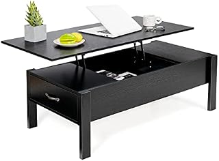 COSTWAY Lift Up Top Coffee Table, Convertible Side Tea Table with Hidden Storage Compartment, Wooden Sofa End Cocktail Snack Table for Home Office Living Room (with Side Drawers, Black)