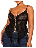SHENHE Women's Plus Size Sexy Open Front Lace Up Sheer Mesh Ruffle Trim Y2k Top Camisole Tank Black XX-Large Plus